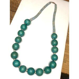 wOODEN Beaded Necklace With Large Green Beads & Blue Accents 20 Inches Long